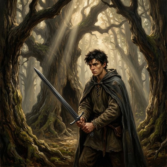 Elior sozinho no bosque de oliveiras, praticando movimentos de espada desajeitados.